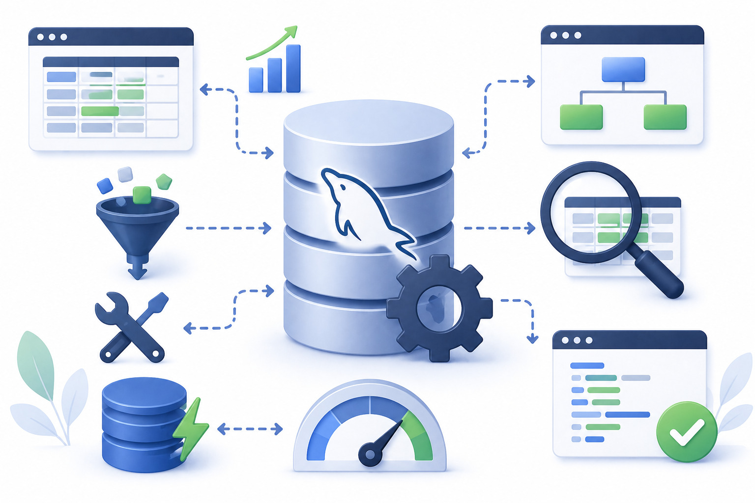 Иллюстрация оптимизации базы данных MySQL с сервером, таблицами, индексами, SQL-запросами и графиком повышения производительности